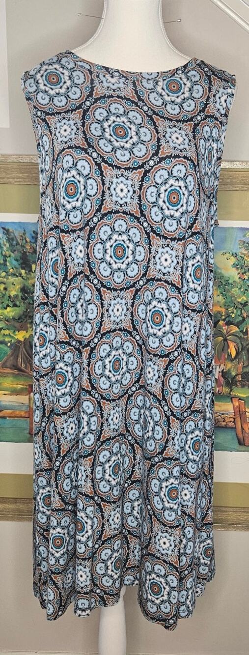 LOFT Medallion Print Sleeveless Shift Dress Women's Large Blue Orange Knit Swing
